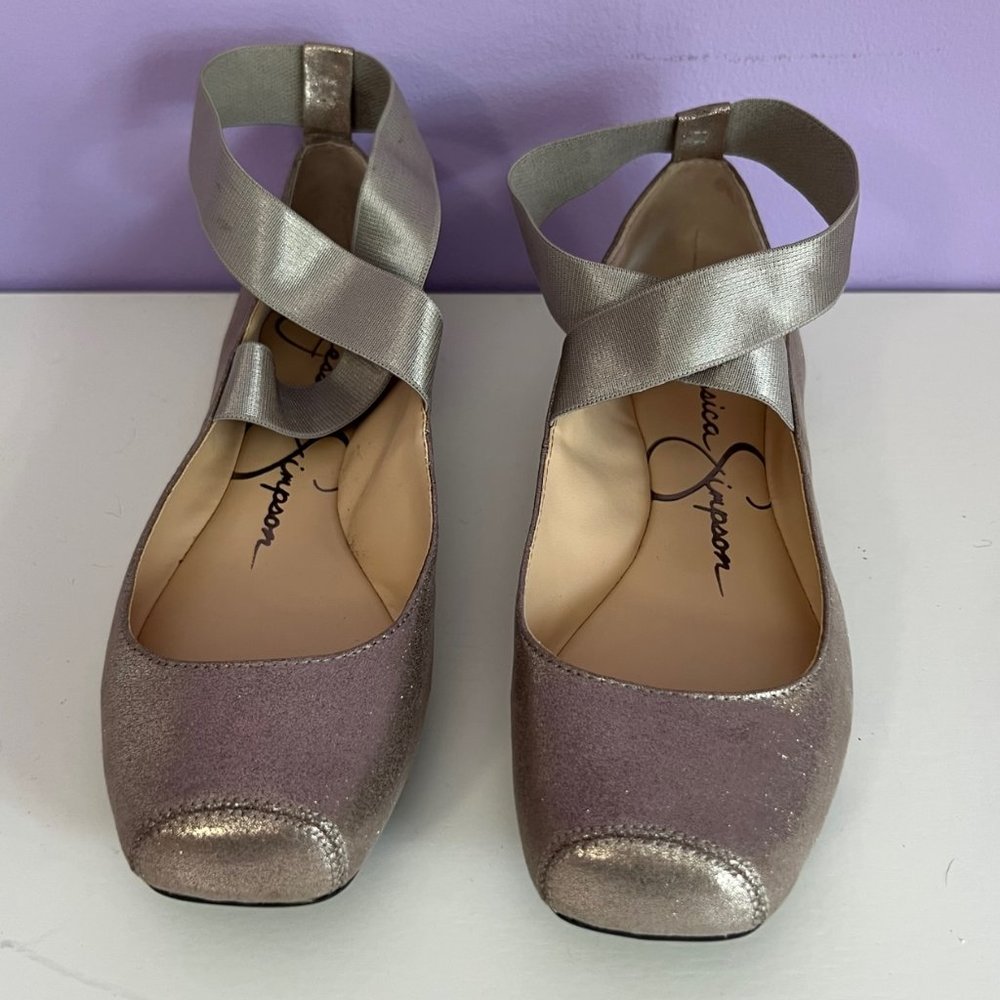 Jessica Simpson Mandalaye Square-Toe Ankle Wrap Ballet Flats, Champagne Size 6.5